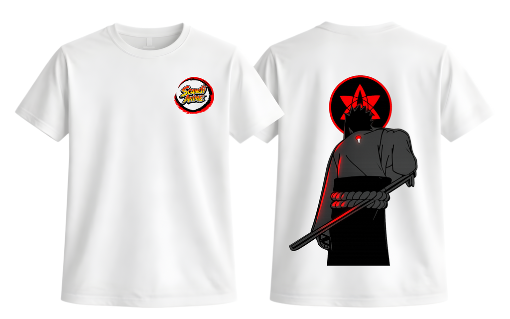 White Sasuke T-shirt from ScandiAnime featuring a graphic print of the Naruto character Sasuke Uchiha.