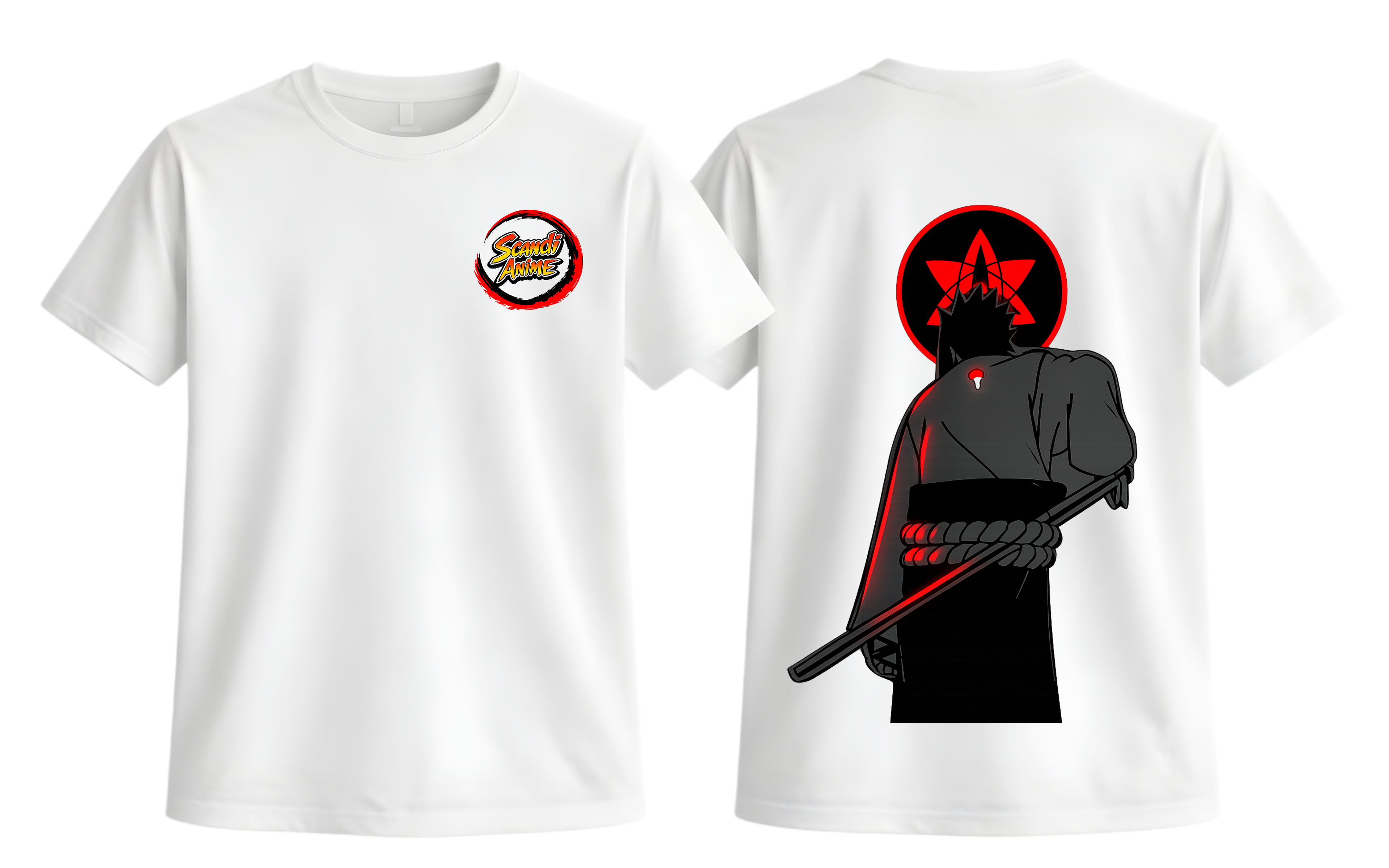 White Sasuke T-shirt from ScandiAnime featuring a graphic print of the Naruto character Sasuke Uchiha.