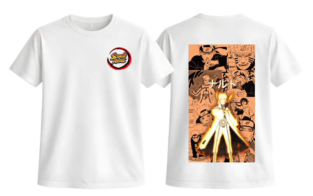 White Naruto T-Shirt by ScandiAnime featuring a graphic print of Naruto Uzumaki in a casual style.