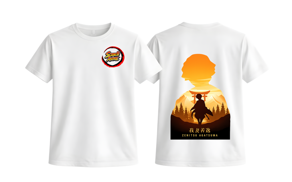 White Zenitsu T-Shirt from ScandiAnime featuring a graphic design of Zenitsu from Demon Slayer.