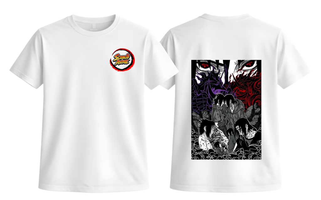 White Sasuke and Itachi T-shirt by ScandiAnime featuring anime character graphics on the front.