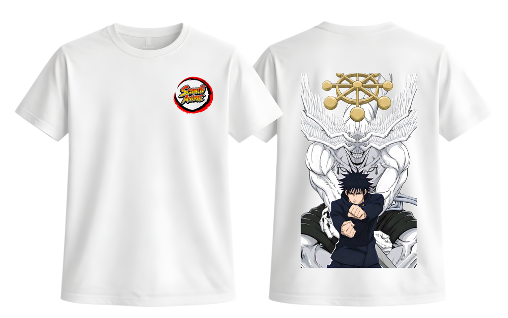 White Megumi T-Shirt by ScandiAnime featuring a casual fit and graphic design on the front.
