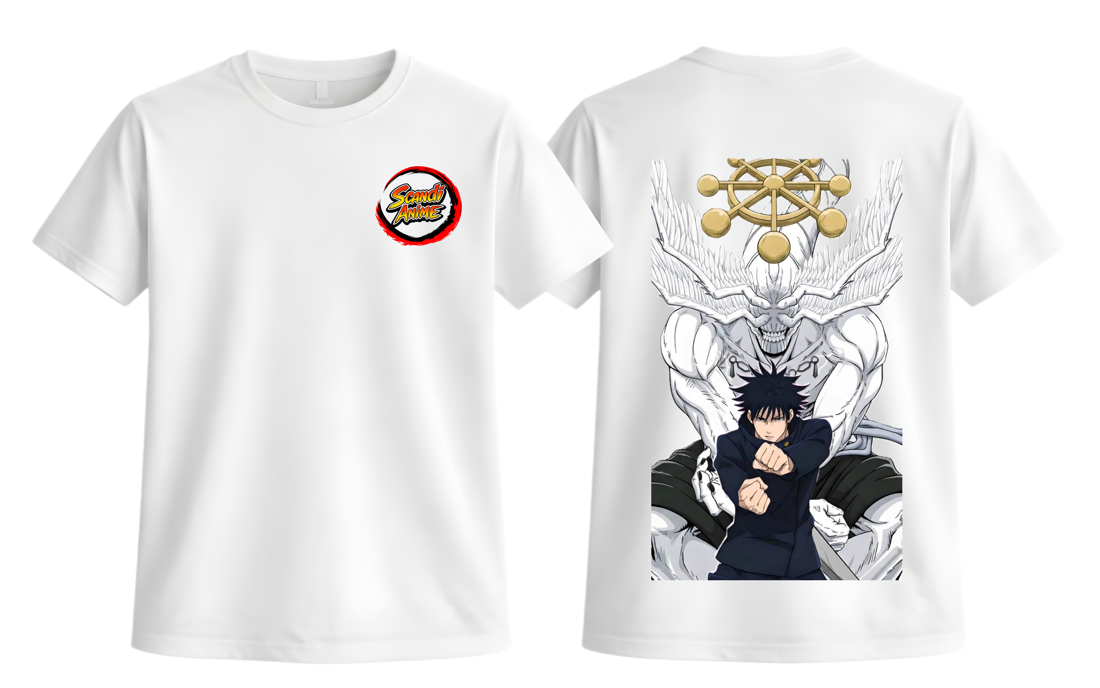 White Megumi T-Shirt by ScandiAnime featuring a casual fit and graphic design on the front.