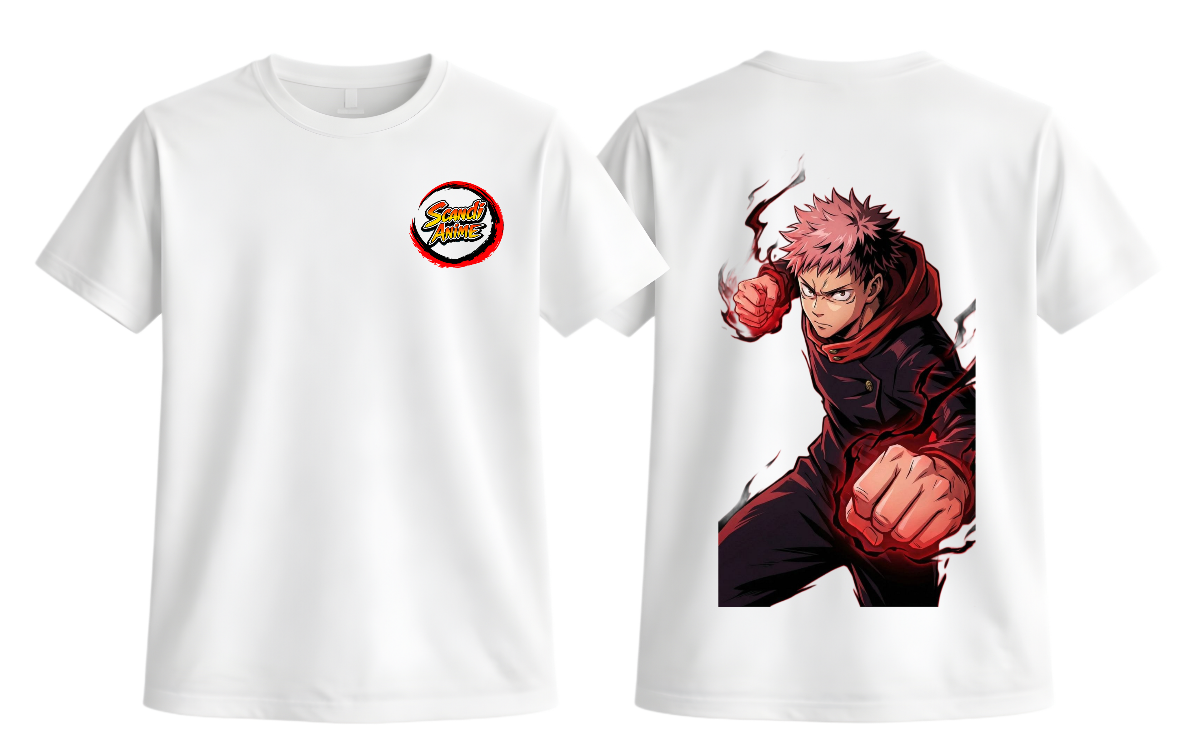 White Yuji T-Shirt from ScandiAnime featuring a casual fit and graphic design, ideal for anime fans and everyday wear.