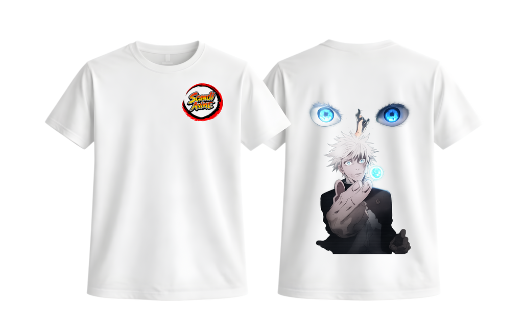 White Satoru Gojo T-shirt from ScandiAnime featuring a graphic print of the character Satoru Gojo from anime.