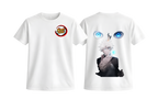 White Satoru Gojo T-shirt from ScandiAnime featuring a graphic print of the character Satoru Gojo from anime.