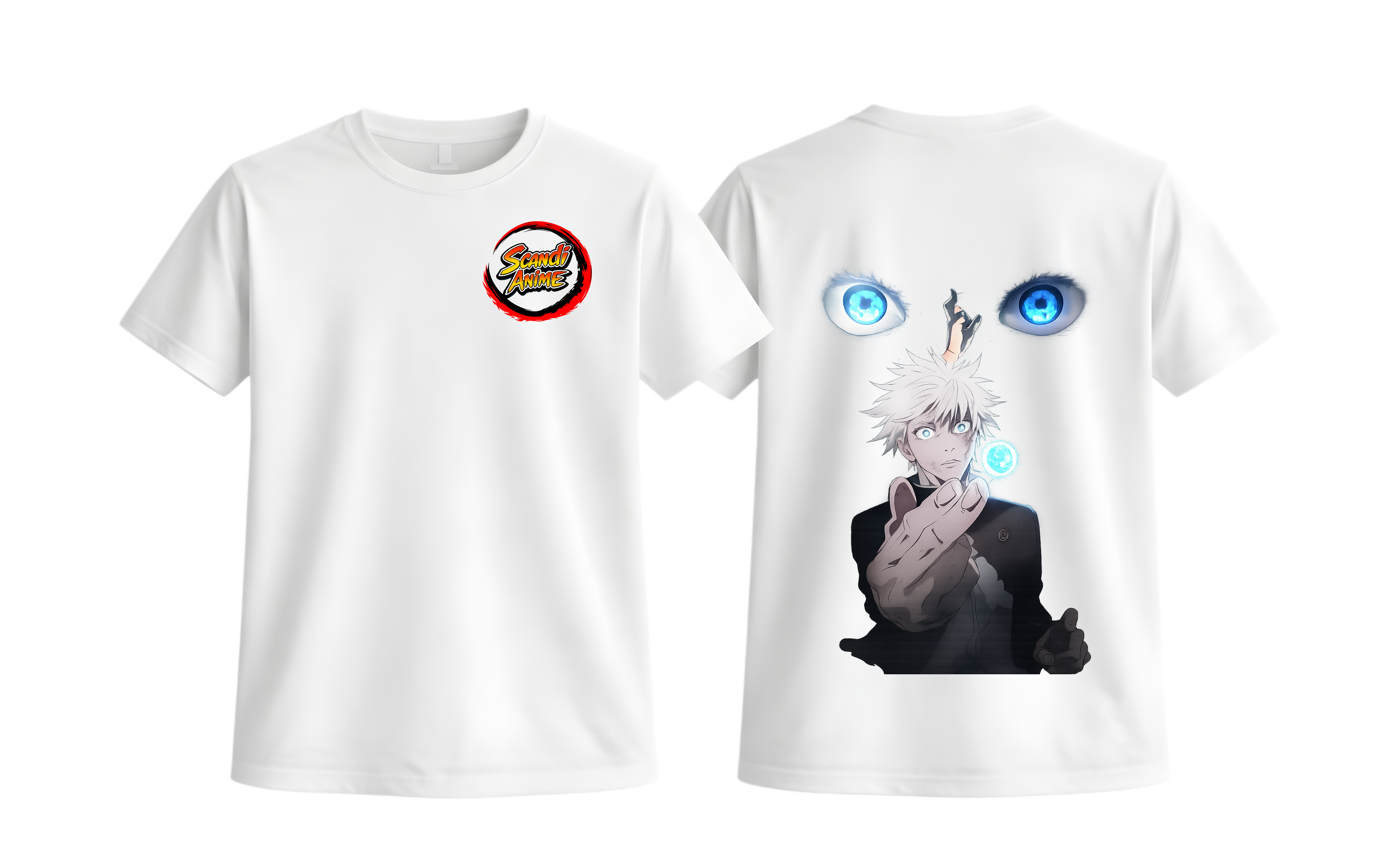 White Satoru Gojo T-shirt from ScandiAnime featuring a graphic print of the character Satoru Gojo from anime.