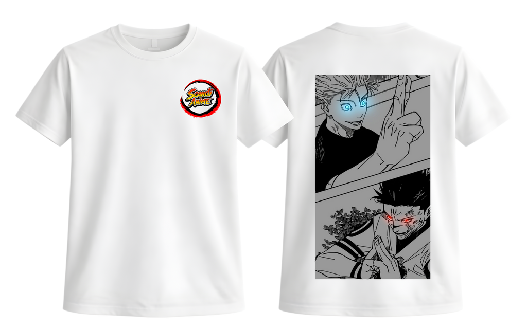White Gojo and Sukuna T-Shirt by ScandiAnime featuring detailed anime character illustrations on soft cotton fabric.