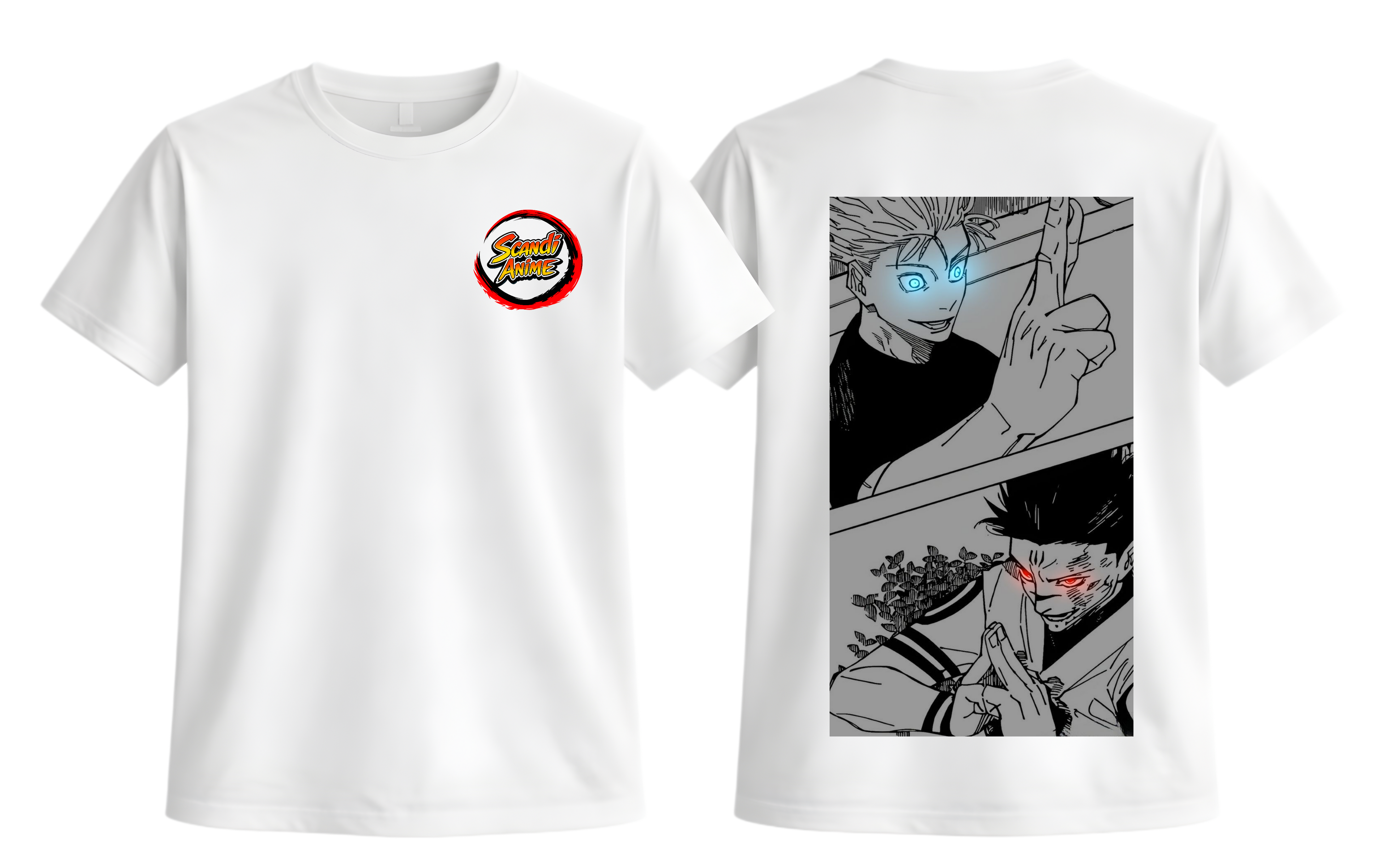 White Gojo and Sukuna T-Shirt by ScandiAnime featuring detailed anime character illustrations on soft cotton fabric.