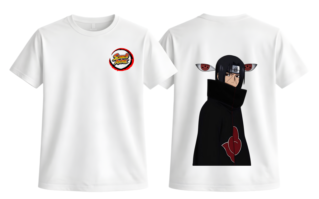 White Itachi T-Shirt from ScandiAnime featuring a detailed graphic print of the popular anime character.