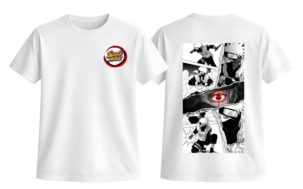 White Kakashi T-Shirt from ScandiAnime featuring a graphic of Kakashi Hatake from Naruto.