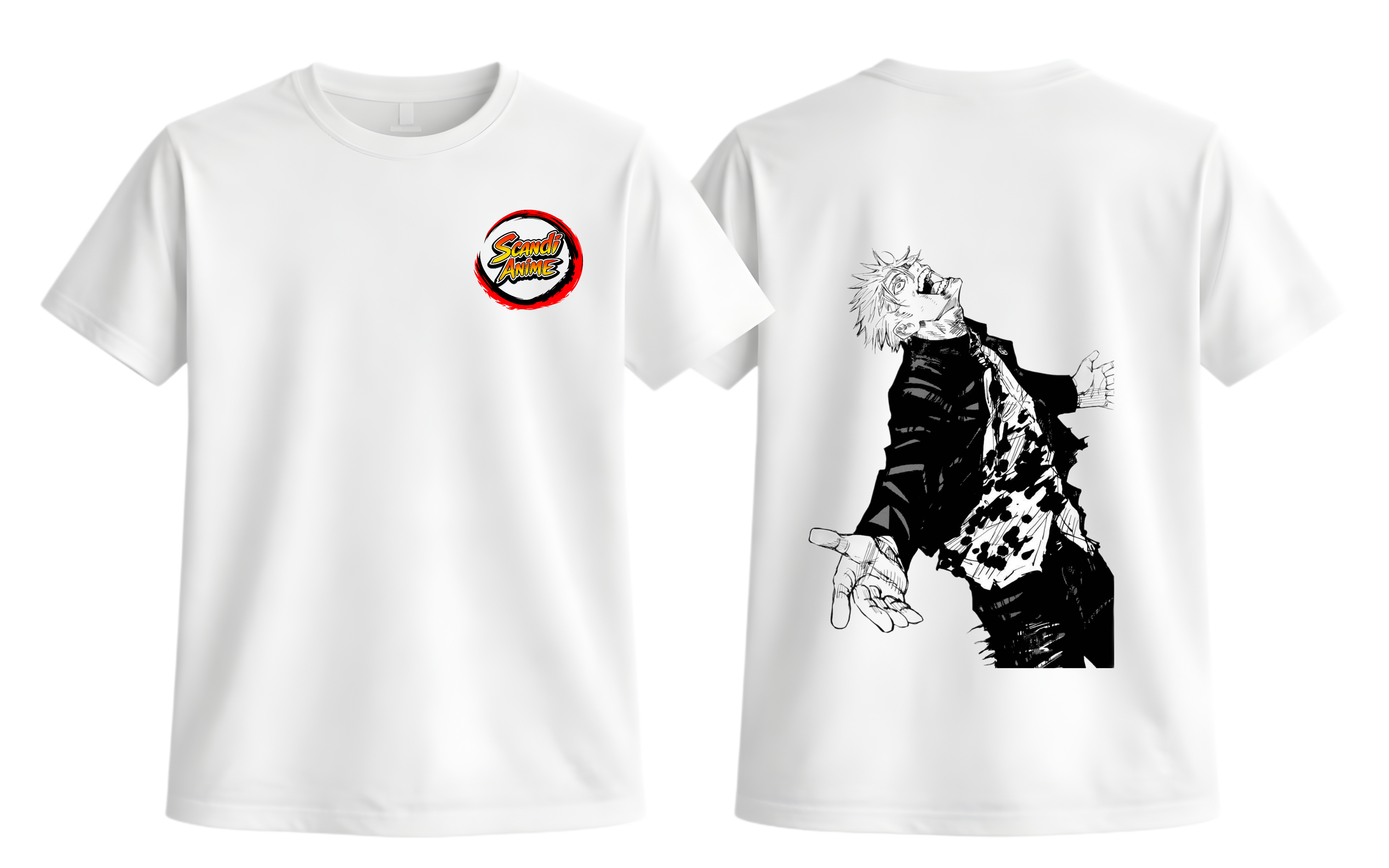 White Gojo T-Shirt by ScandiAnime featuring a graphic design of the character Gojo Satoru from anime.