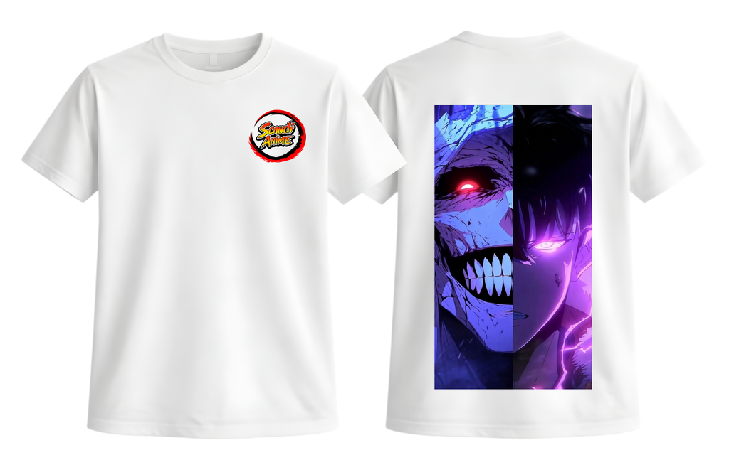 White Sung Jinwoo T-Shirt by ScandiAnime featuring a detailed graphic design of the character.