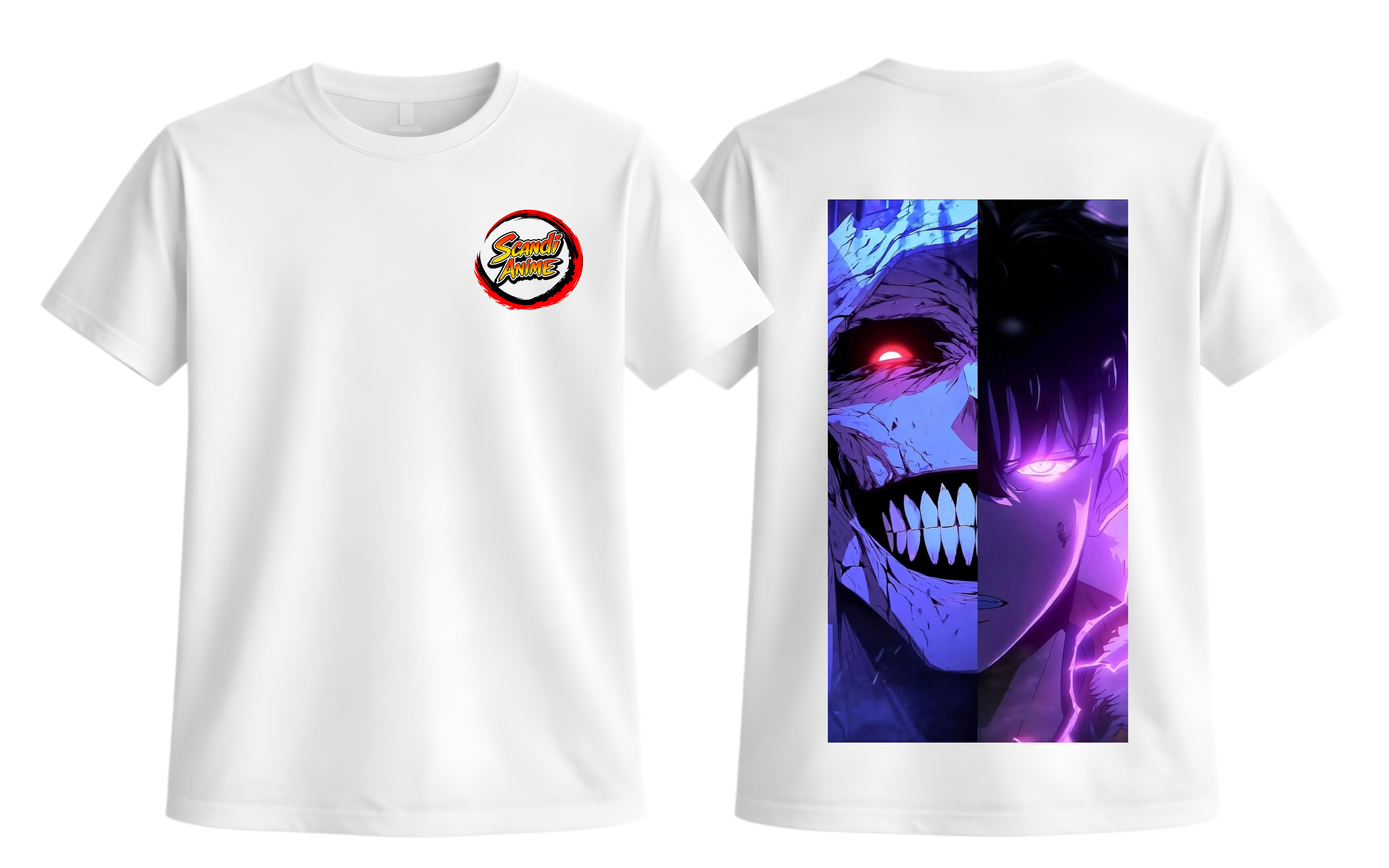White Sung Jinwoo T-Shirt by ScandiAnime featuring a detailed graphic design of the character.