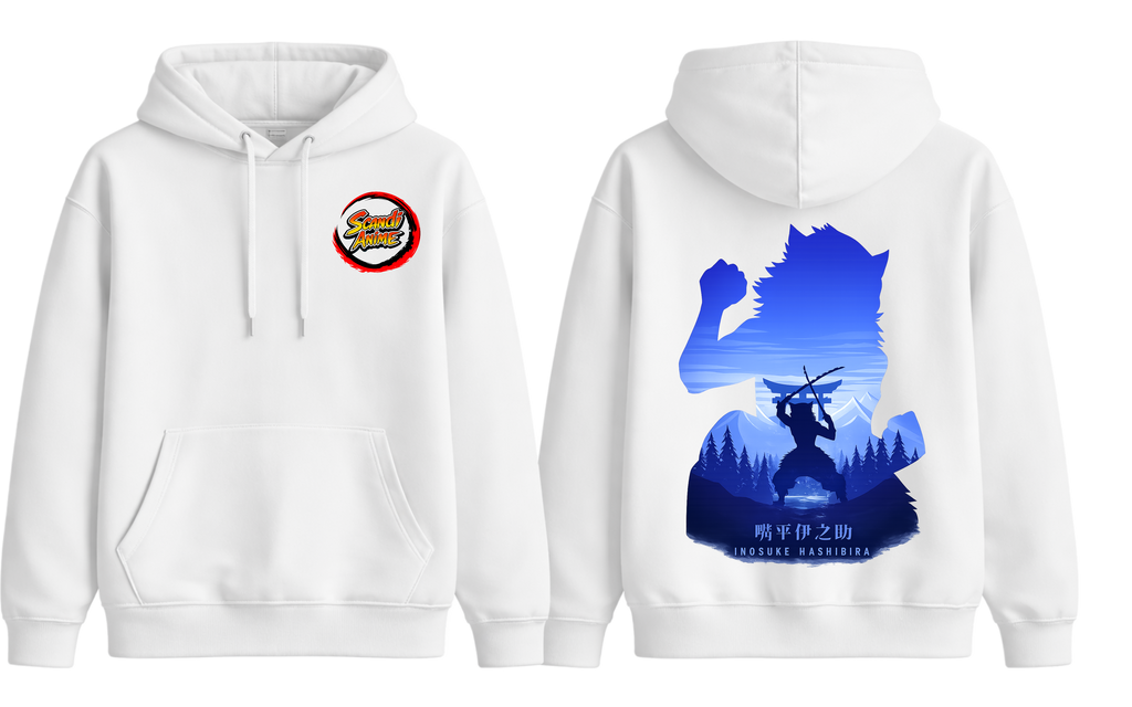 White Inosuke hoodie by ScandiAnime featuring graphic print, soft fabric, and adjustable drawstrings for a comfortable fit.