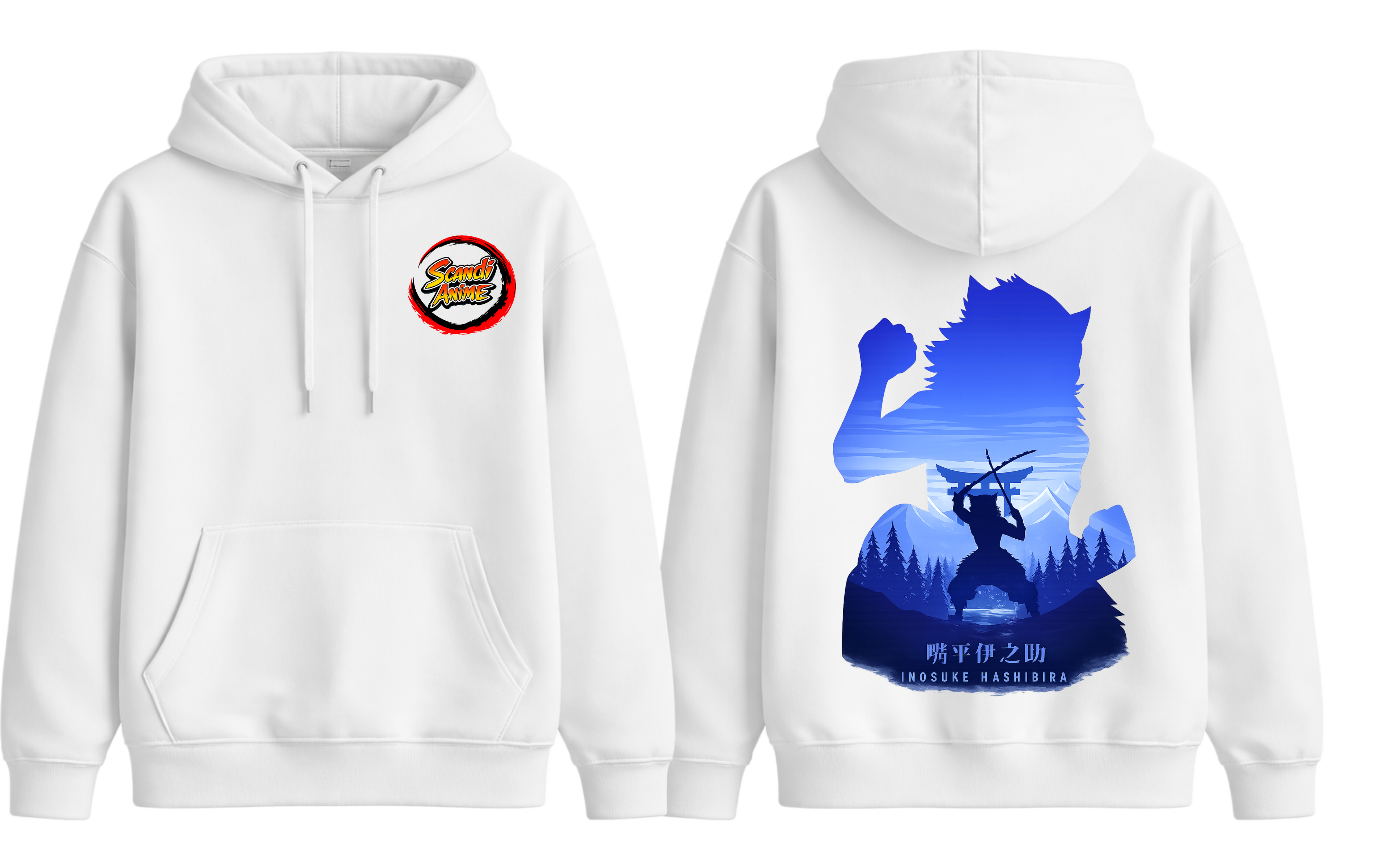 White Inosuke hoodie by ScandiAnime featuring graphic print, soft fabric, and adjustable drawstrings for a comfortable fit.