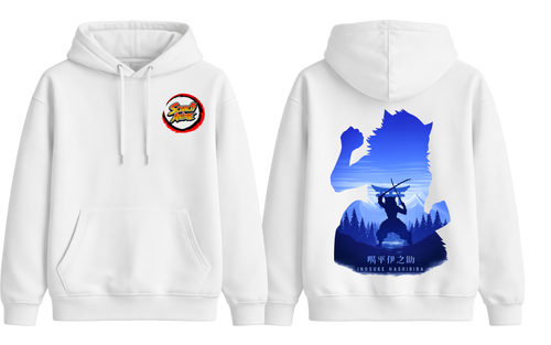 White Inosuke hoodie by ScandiAnime featuring graphic print, soft fabric, and adjustable drawstrings for a comfortable fit.