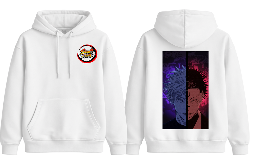White Gojo and Sukuna hoodie by ScandiAnime featuring detailed anime character graphics on a comfortable hoodie.