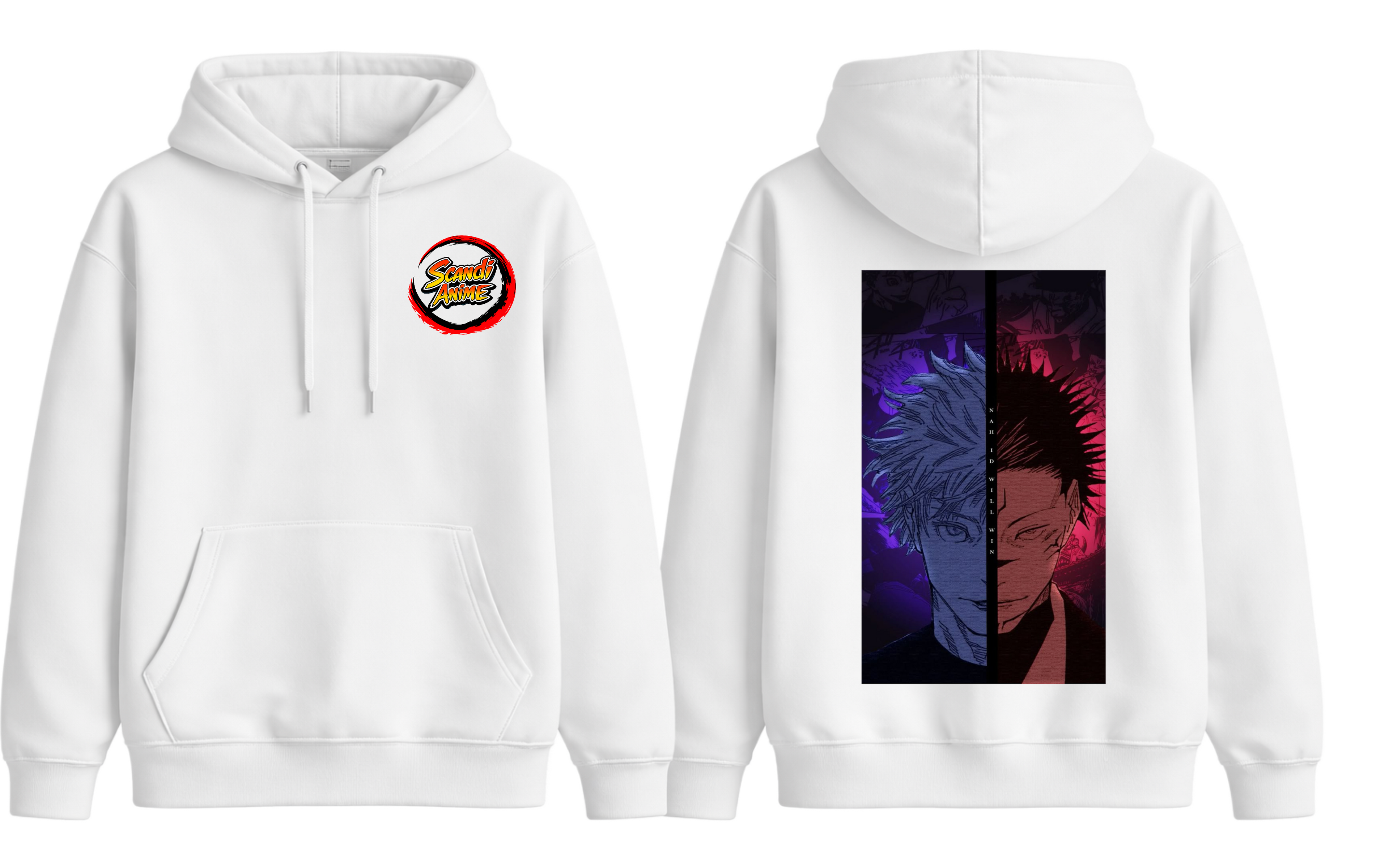 White Gojo and Sukuna hoodie by ScandiAnime featuring detailed anime character graphics on a comfortable hoodie.
