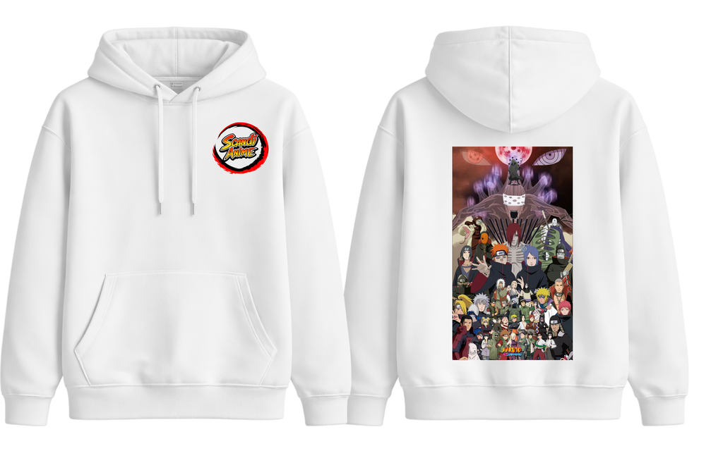 White Naruto Shippuden hoodie by ScandiAnime featuring anime character graphic and comfortable hoodie design.