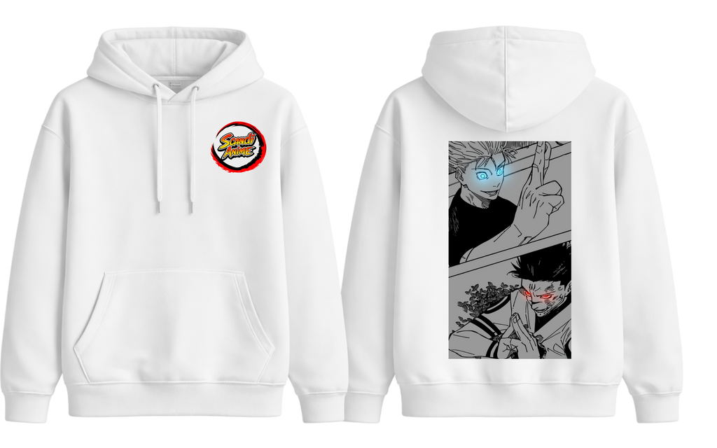 White Gojo and Sukuna manga hoodie by ScandiAnime, featuring bold graphic prints of popular anime characters.