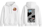White Gojo and Sukuna manga hoodie by ScandiAnime, featuring bold graphic prints of popular anime characters.