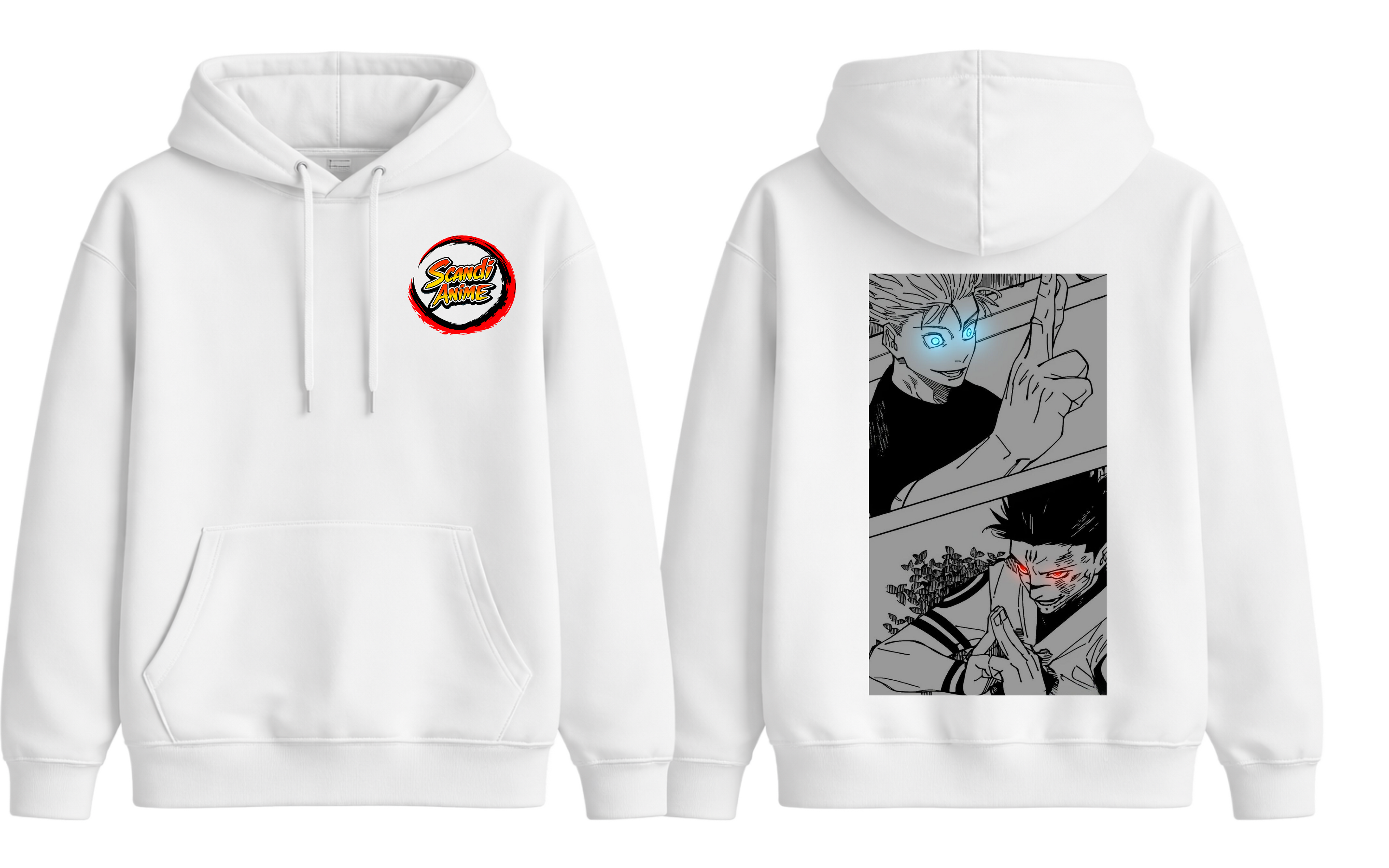 White Gojo and Sukuna manga hoodie by ScandiAnime, featuring bold graphic prints of popular anime characters.