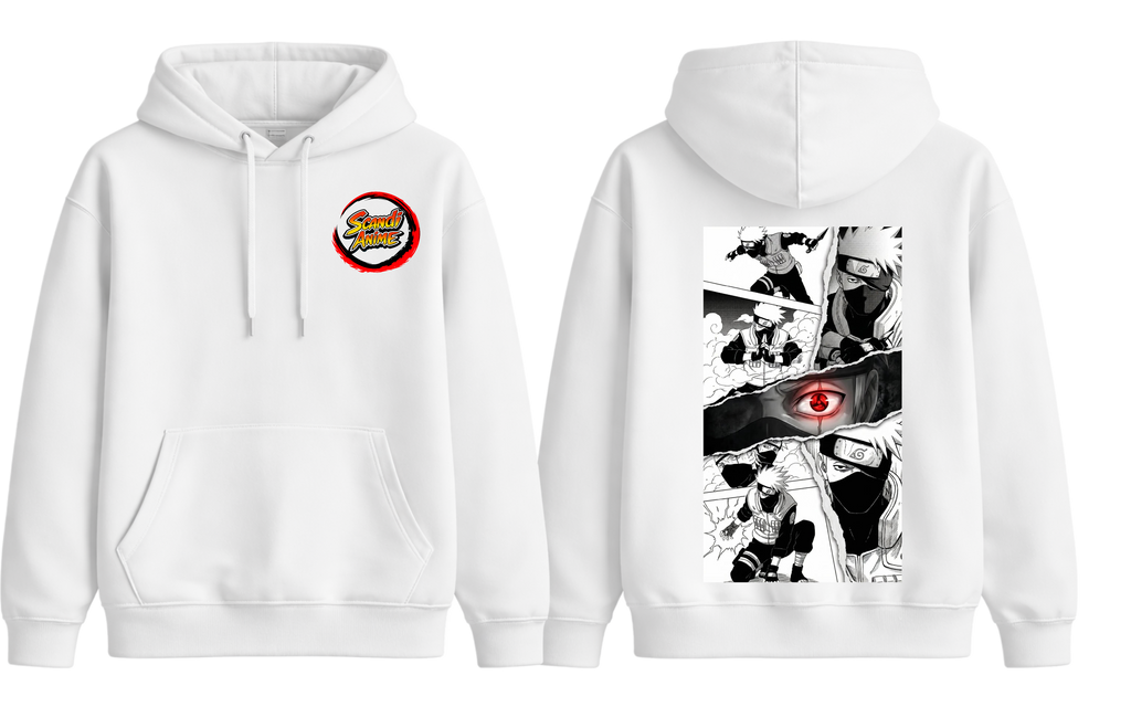 White Kakashi hoodie from ScandiAnime featuring a printed Naruto character design on the front.