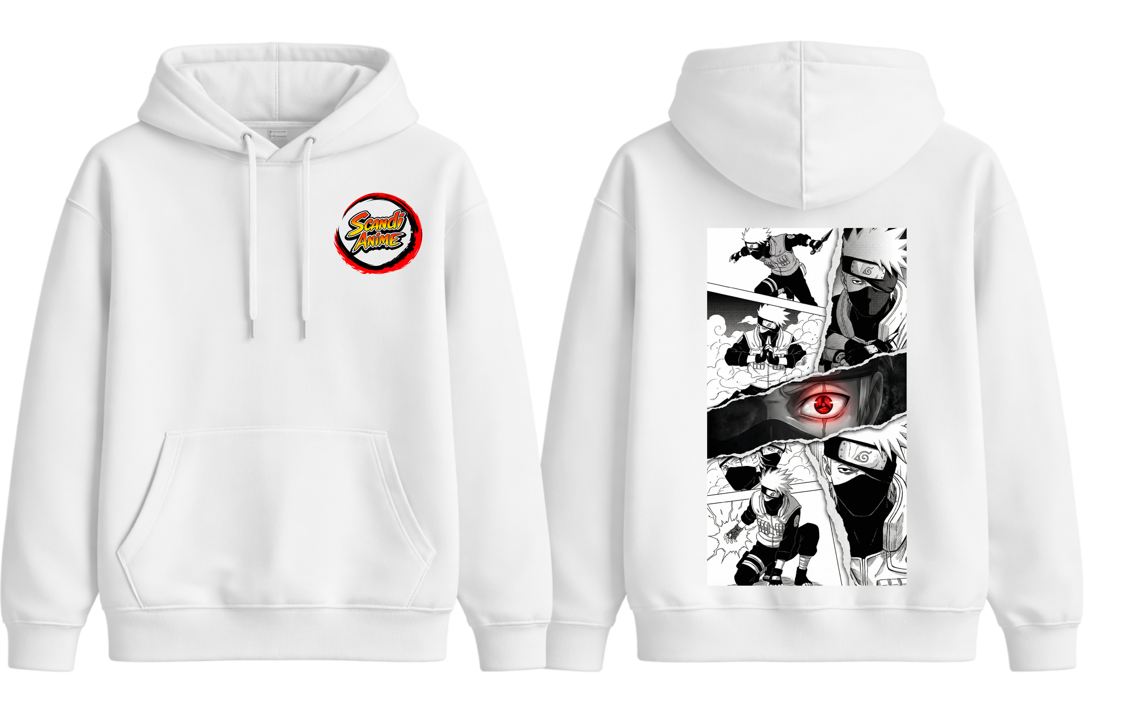 White Kakashi hoodie from ScandiAnime featuring a printed Naruto character design on the front.