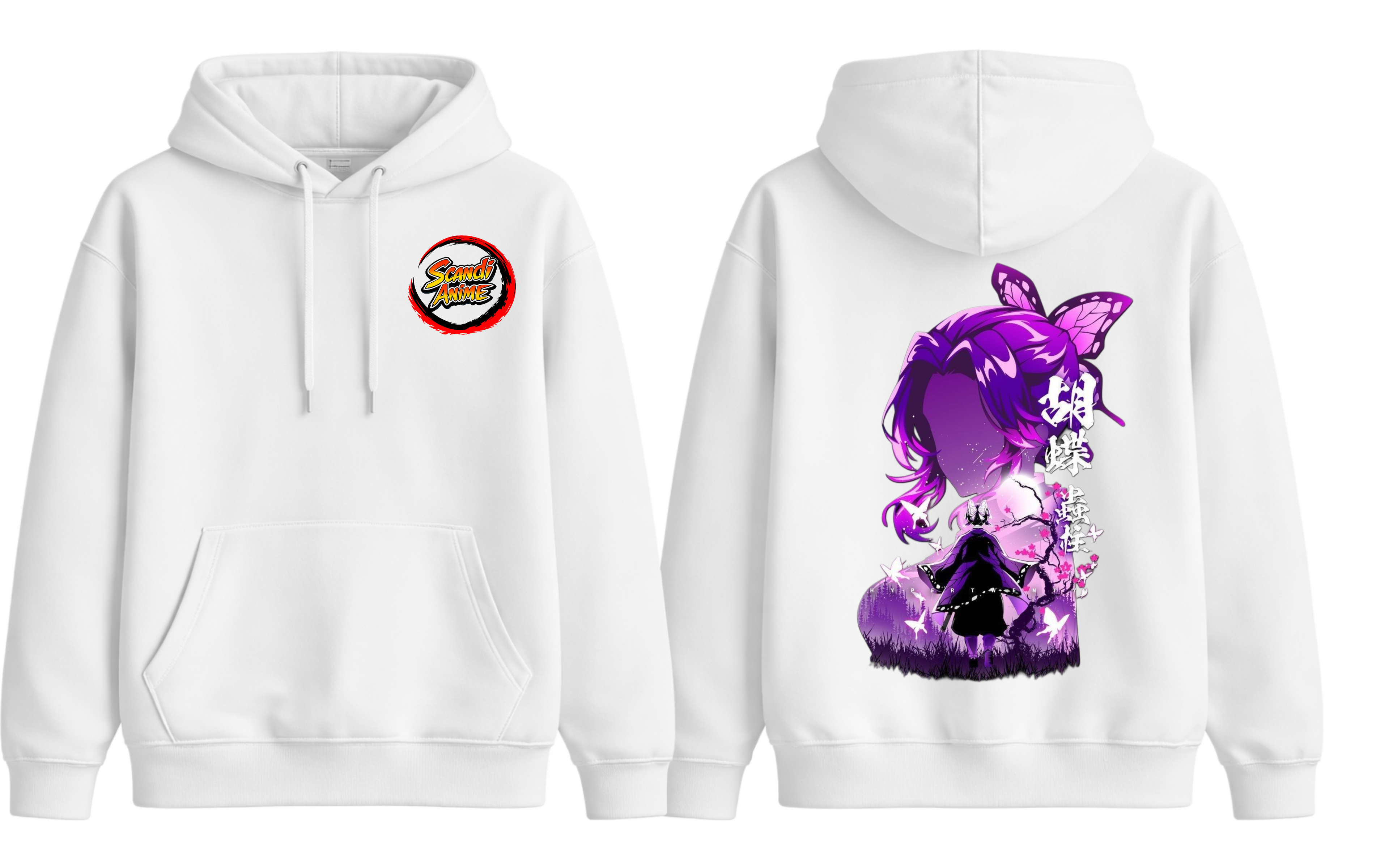 White Shinobu Kocho hoodie from ScandiAnime featuring anime-inspired design and comfortable fabric, perfect for fans of Demon Slayer.