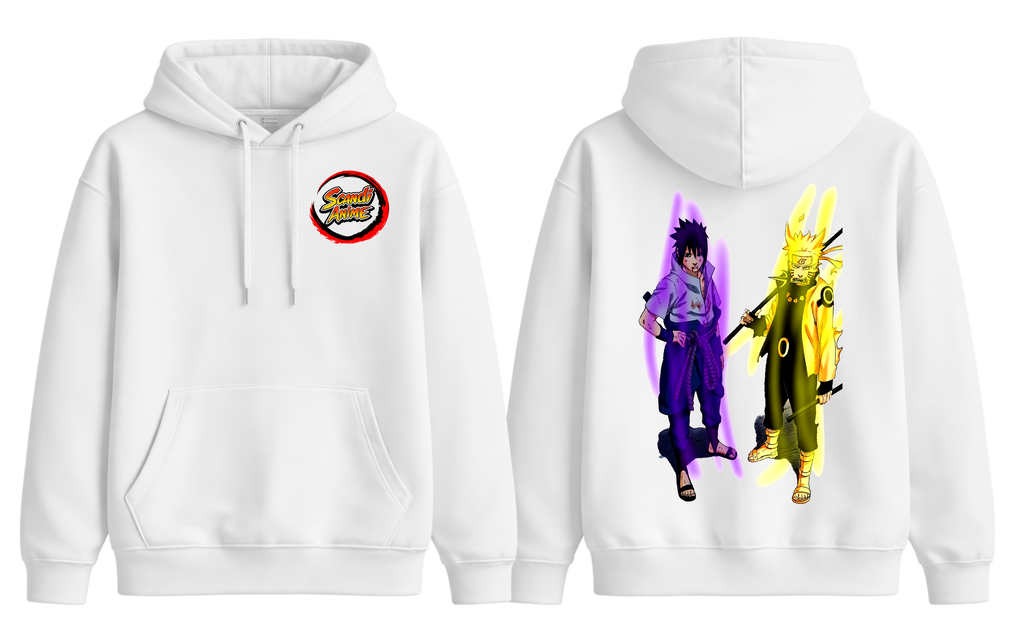 White Naruto and Sasuke hoodie by ScandiAnime featuring anime character graphics and a comfortable fit.