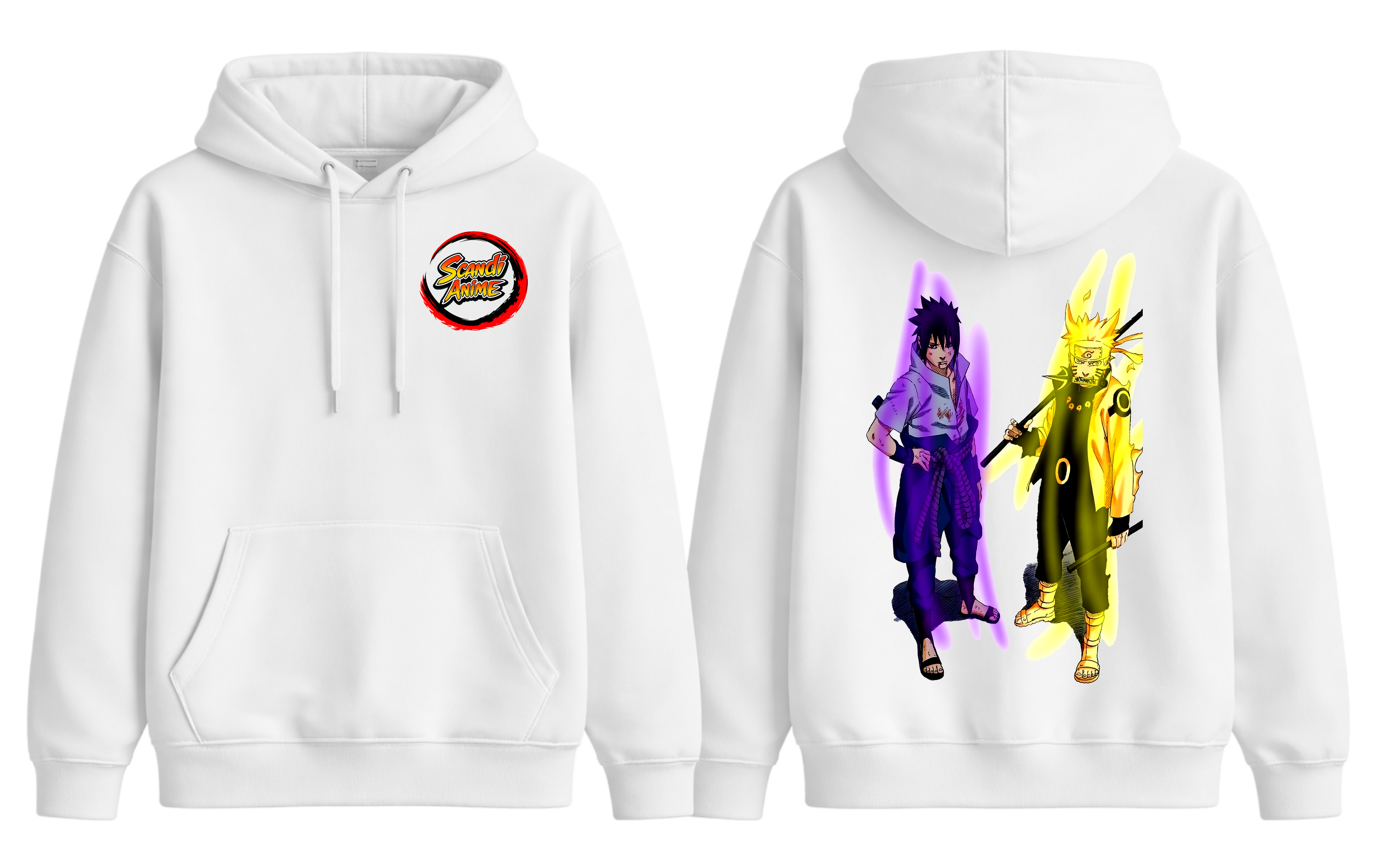 White Naruto and Sasuke hoodie by ScandiAnime featuring anime character graphics and a comfortable fit.