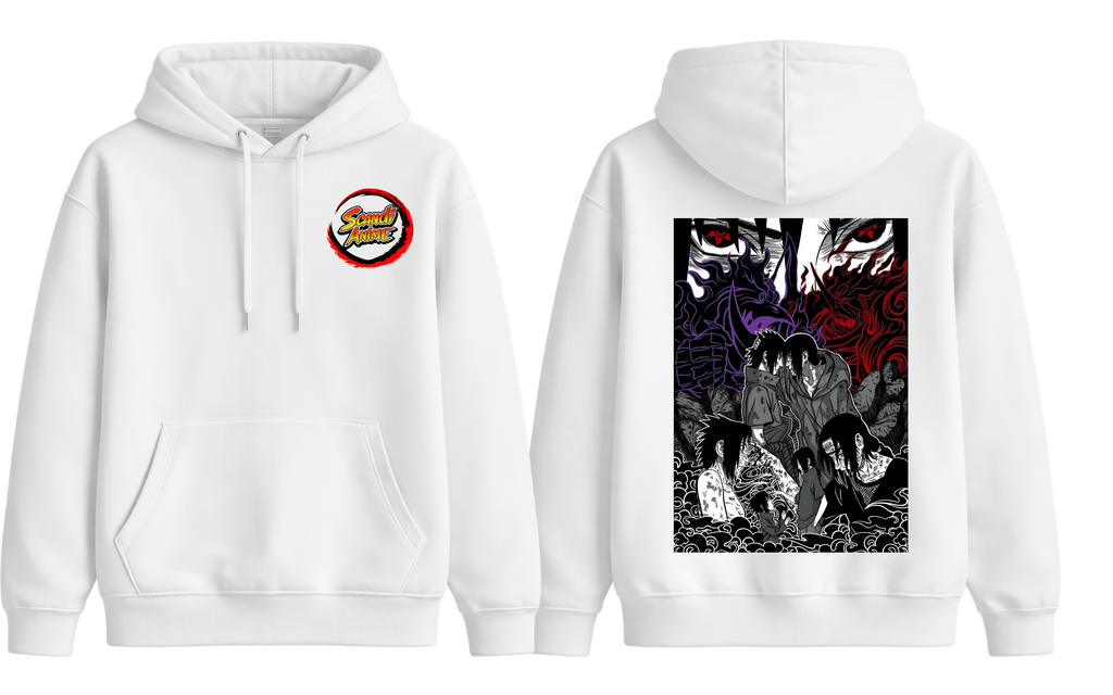 White Sasuke and Itachi hoodie from ScandiAnime featuring detailed character artwork and comfortable hoodie design.