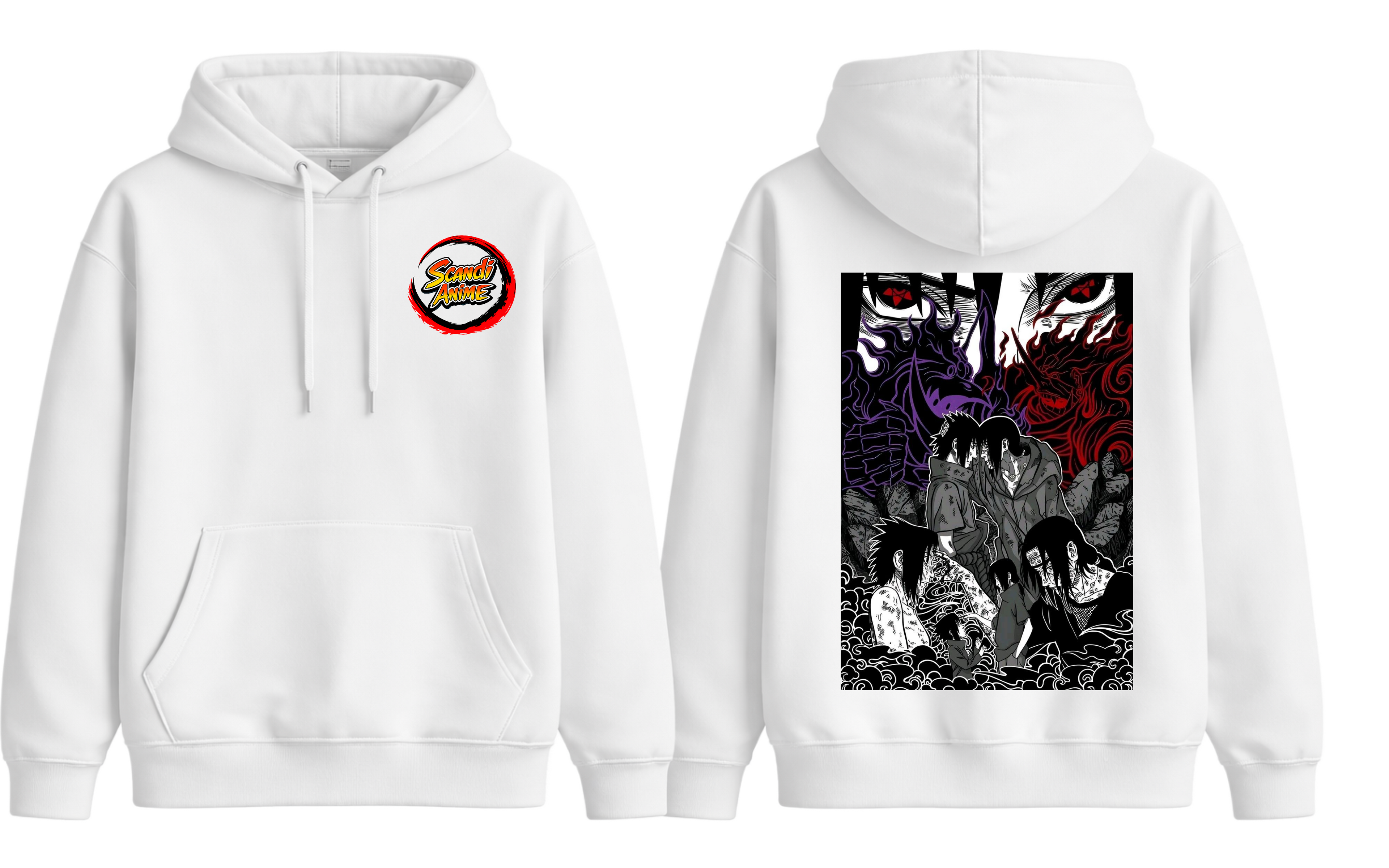White Sasuke and Itachi hoodie from ScandiAnime featuring detailed character artwork and comfortable hoodie design.