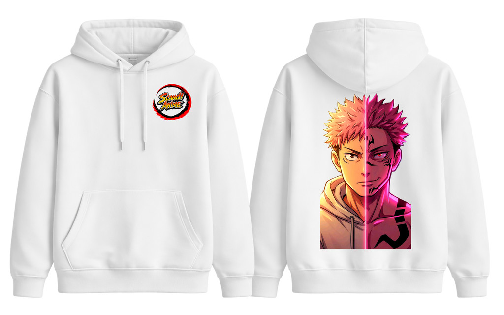White hoodie featuring Yuji and Sukuna characters from ScandiAnime, casual fit with detailed graphic design on the front.