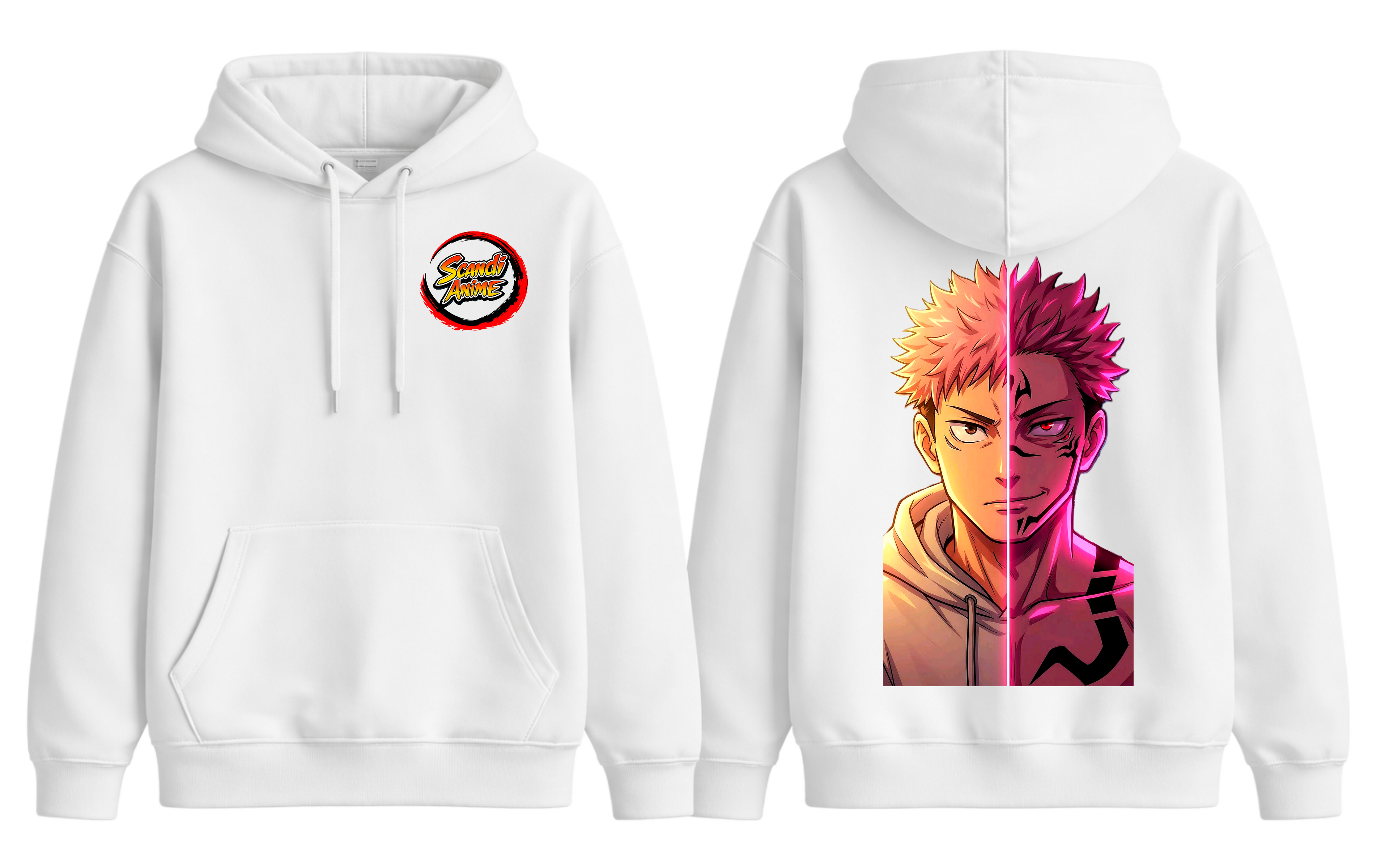 White hoodie featuring Yuji and Sukuna characters from ScandiAnime, casual fit with detailed graphic design on the front.