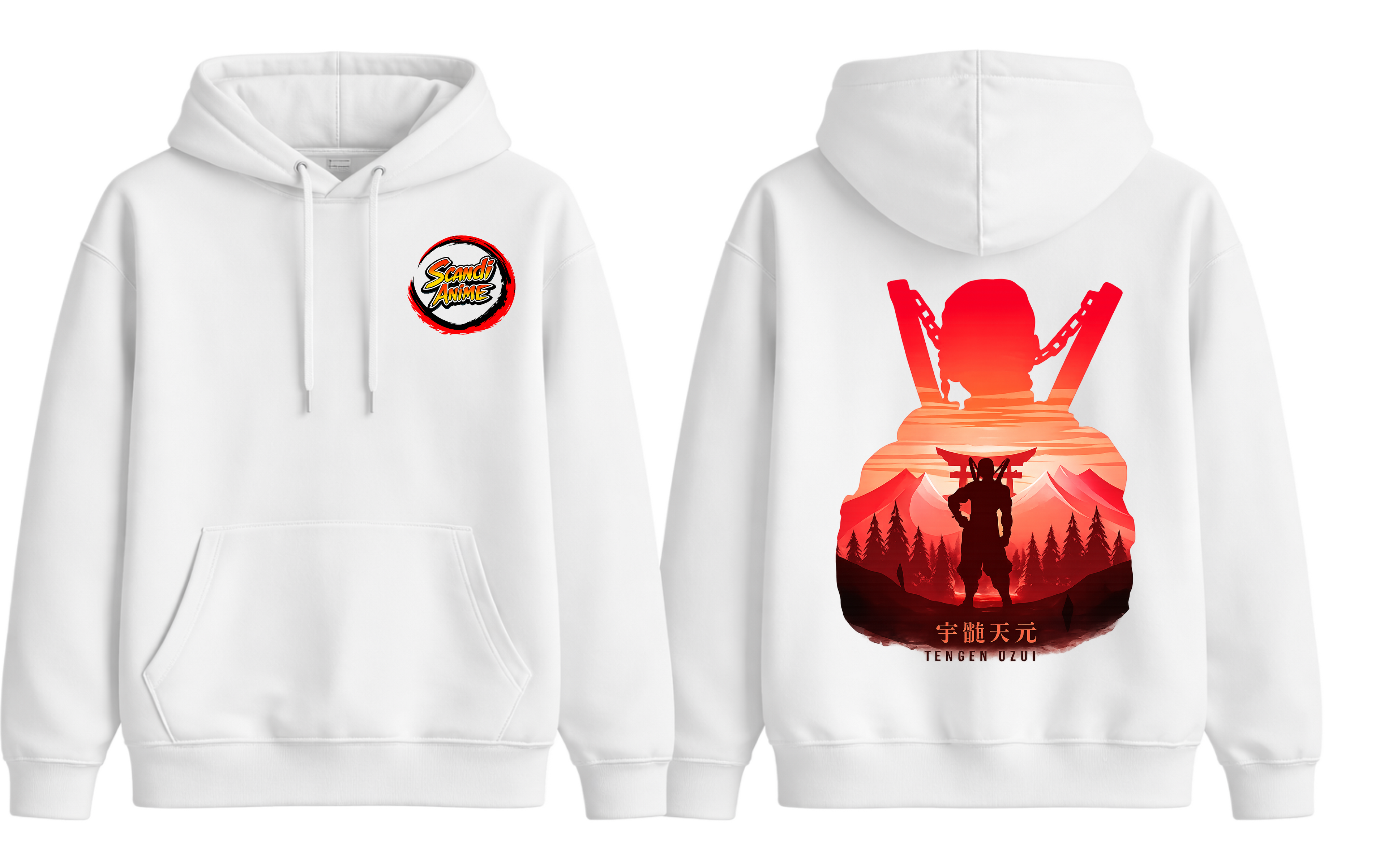 White Tengen hoodie by ScandiAnime with hood and front pocket, casual streetwear style.