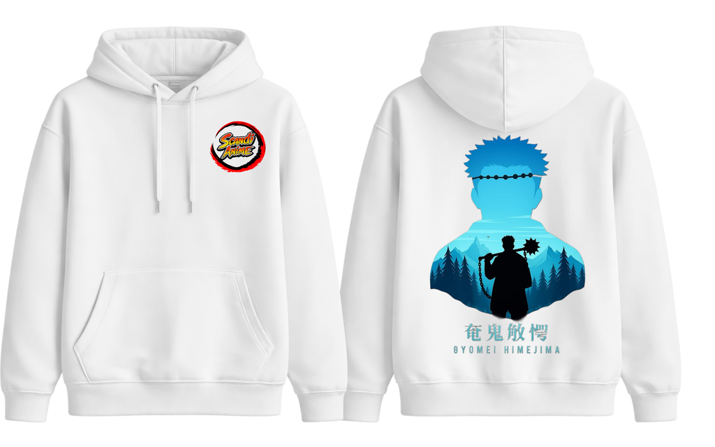 White Gyomei hoodie from ScandiAnime featuring a comfortable fit and detailed graphic design on the front.