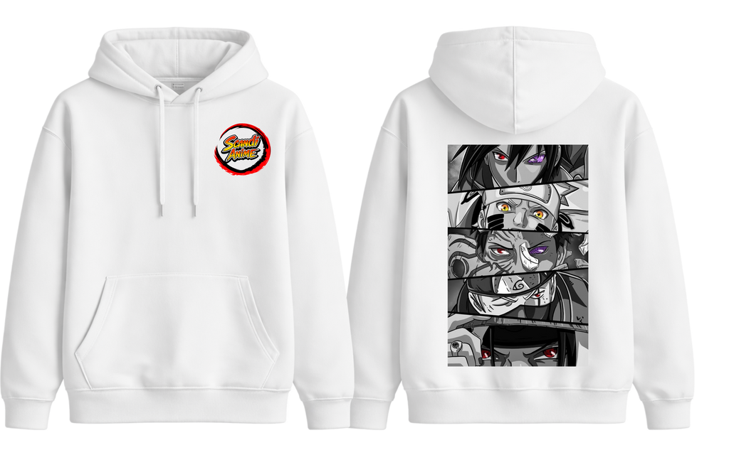 White Naruto Shippuden hoodie by ScandiAnime featuring Naruto character graphics and comfortable fabric for fans of the anime.
