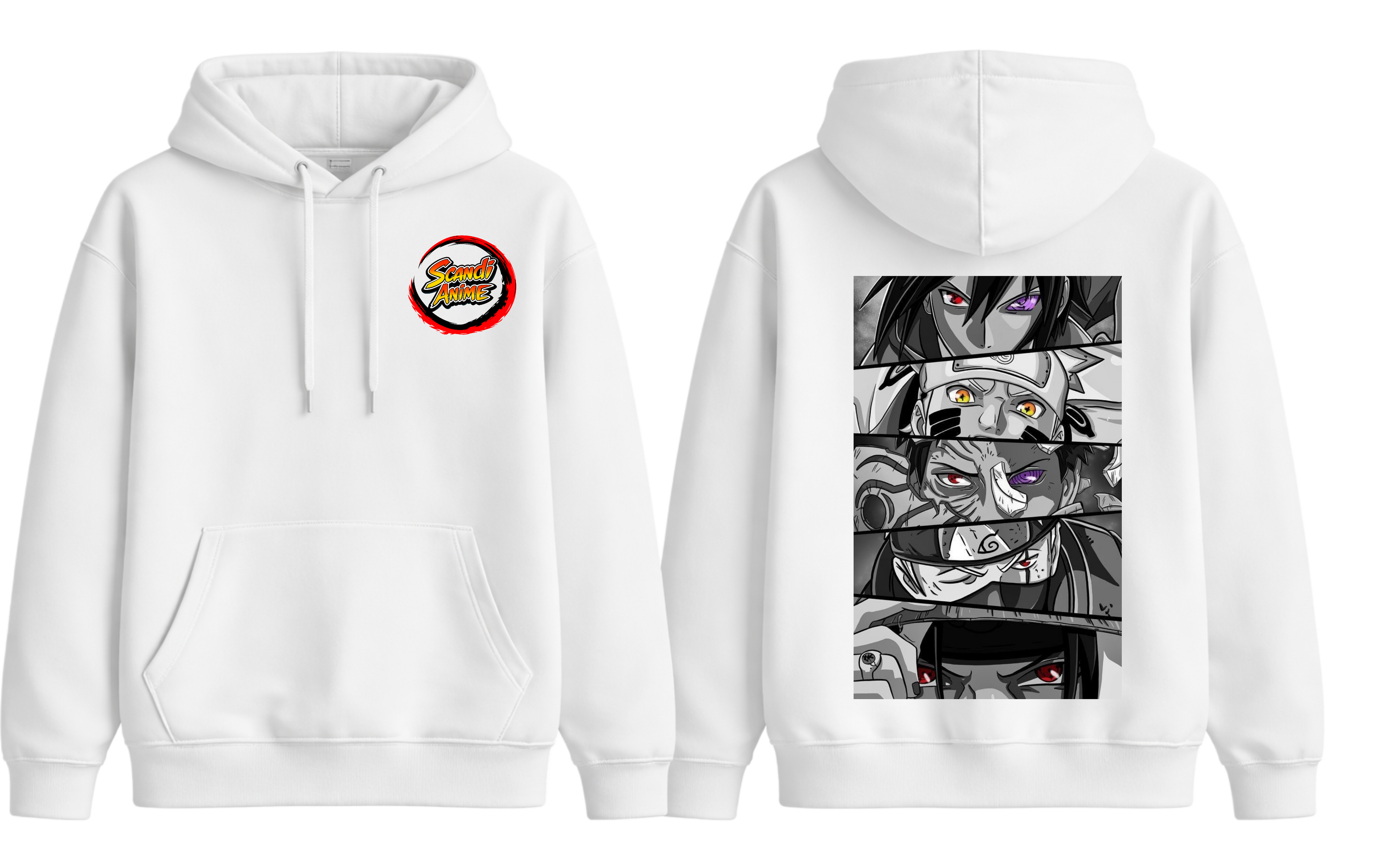 White Naruto Shippuden hoodie by ScandiAnime featuring Naruto character graphics and comfortable fabric for fans of the anime.