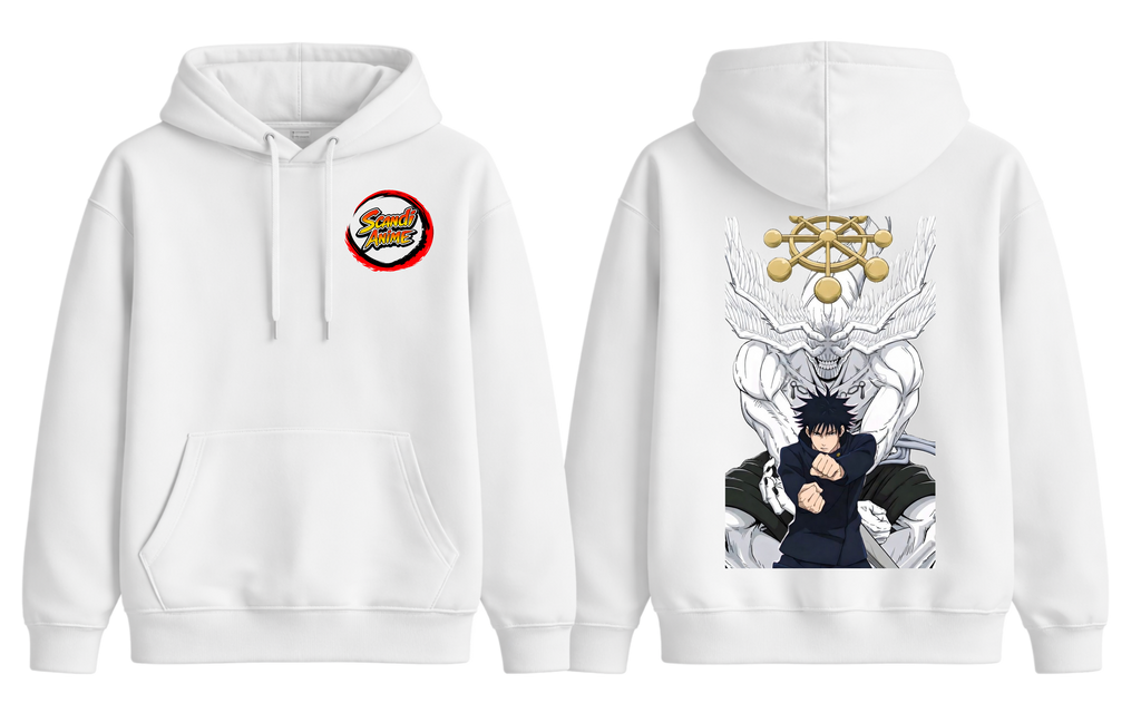 White ScandiAnime Megumi hoodie featuring a casual fit and soft fabric with a front pocket and hood.