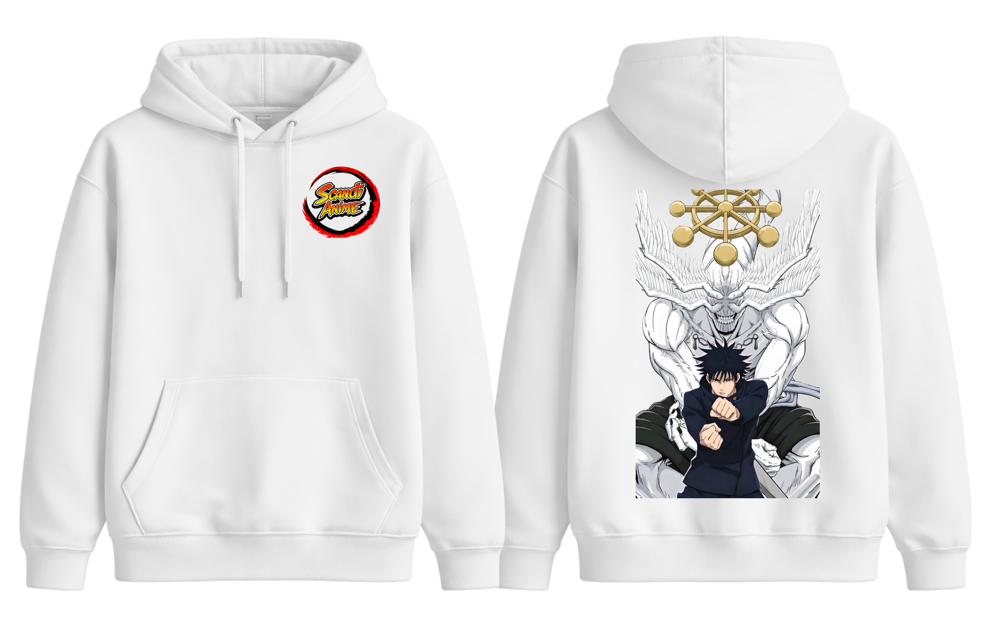 White ScandiAnime Megumi hoodie featuring a casual fit and soft fabric with a front pocket and hood.