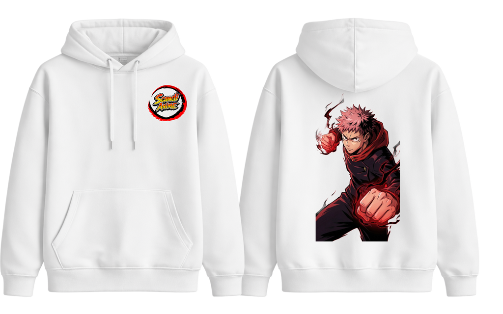 White Yuji hoodie from ScandiAnime, casual hoodie with a comfortable fit and soft fabric, perfect for everyday wear.