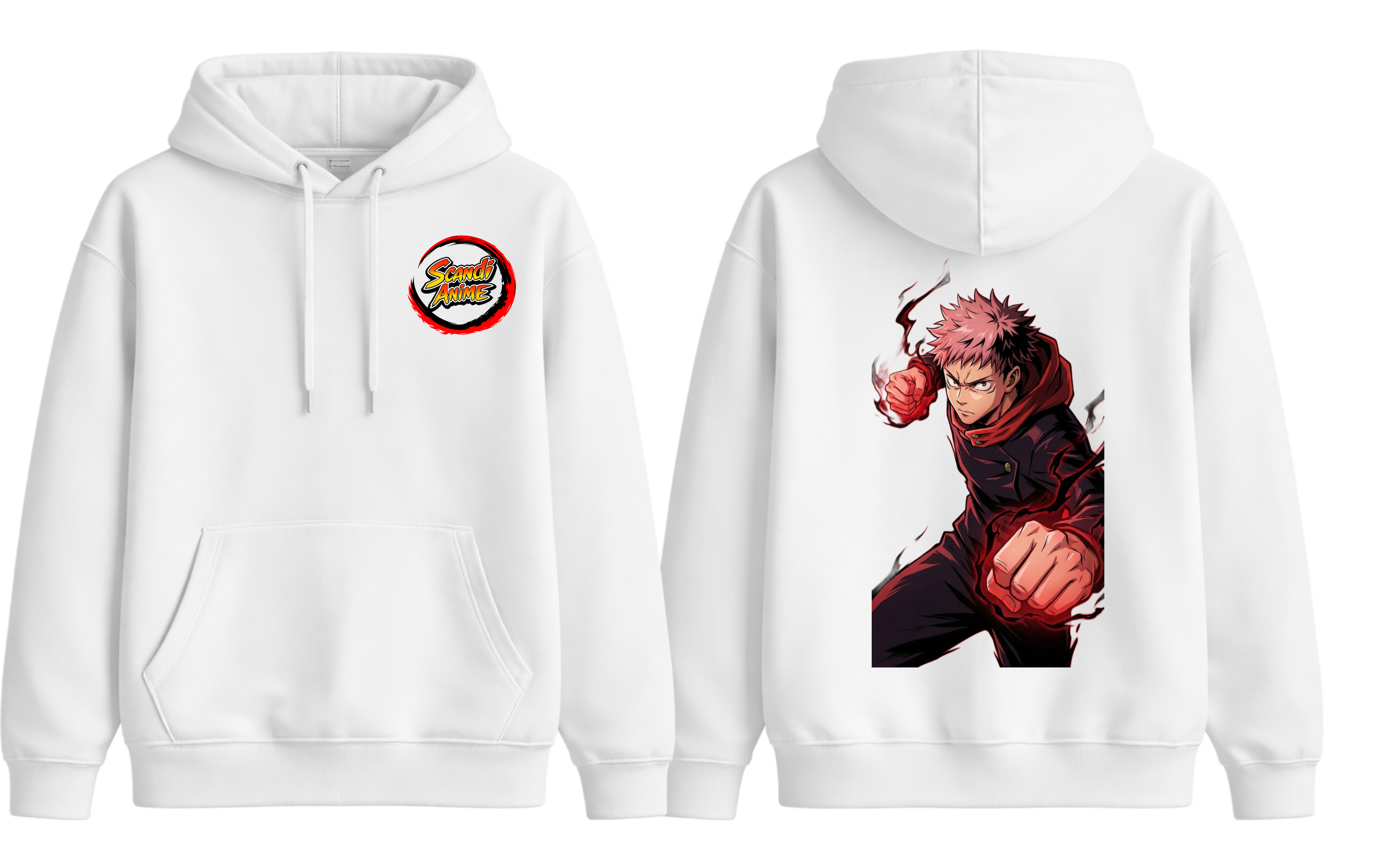 White Yuji hoodie from ScandiAnime, casual hoodie with a comfortable fit and soft fabric, perfect for everyday wear.