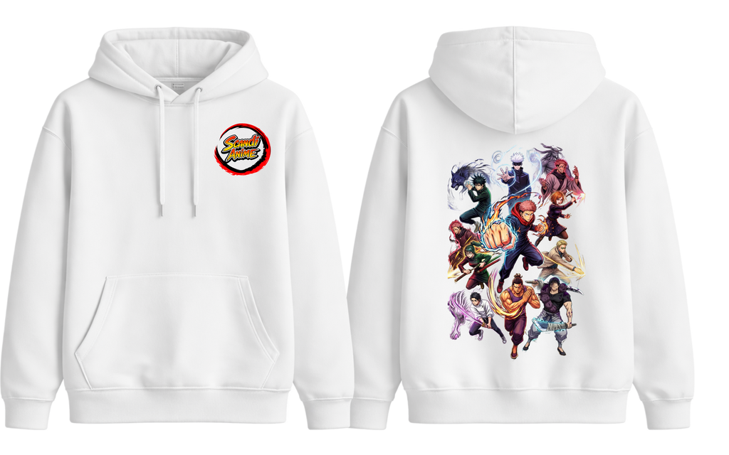 White Jujutsu Kaisen hoodie by ScandiAnime featuring character graphic, comfortable fit, and casual streetwear style.