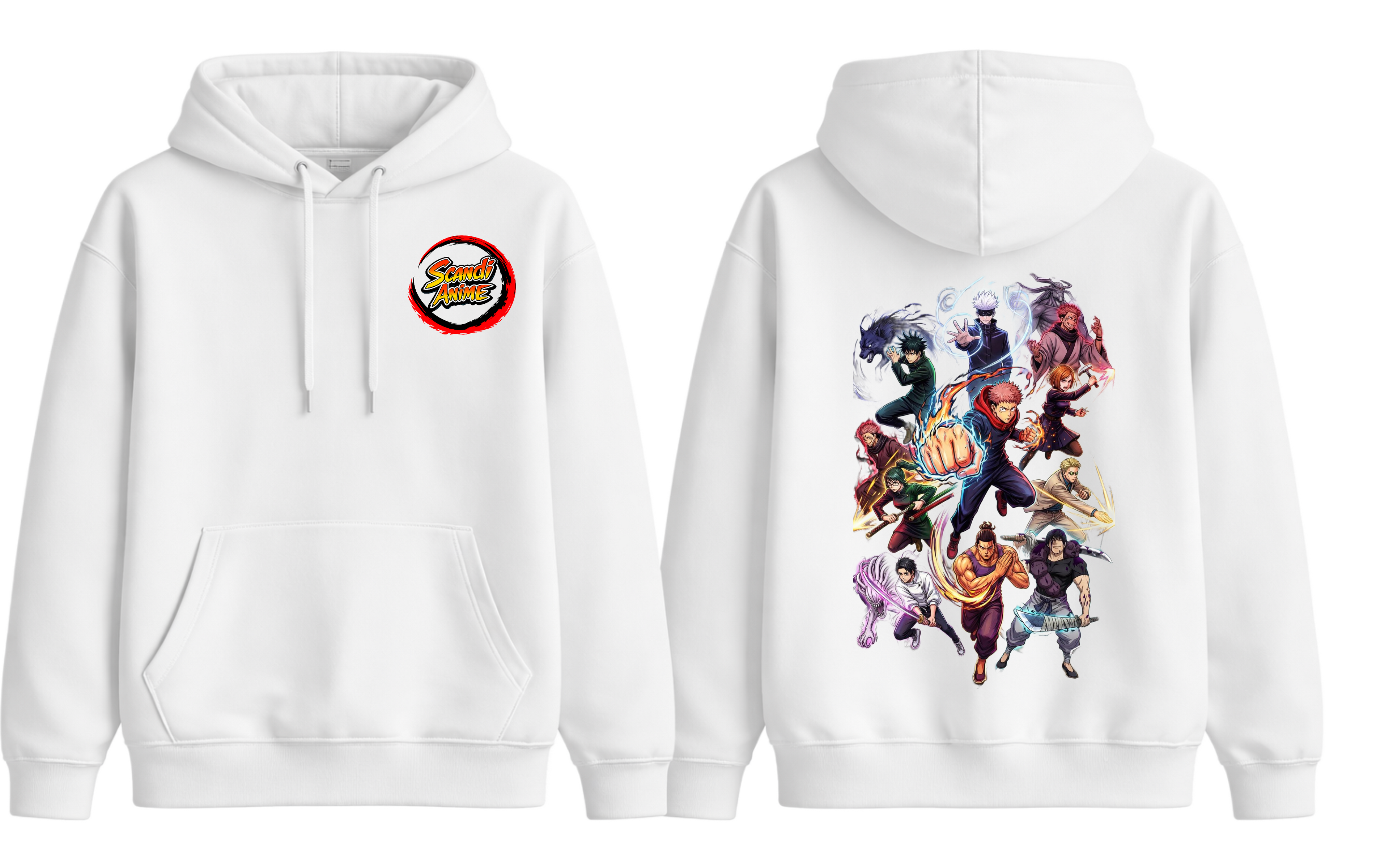 White Jujutsu Kaisen hoodie by ScandiAnime featuring character graphic, comfortable fit, and casual streetwear style.