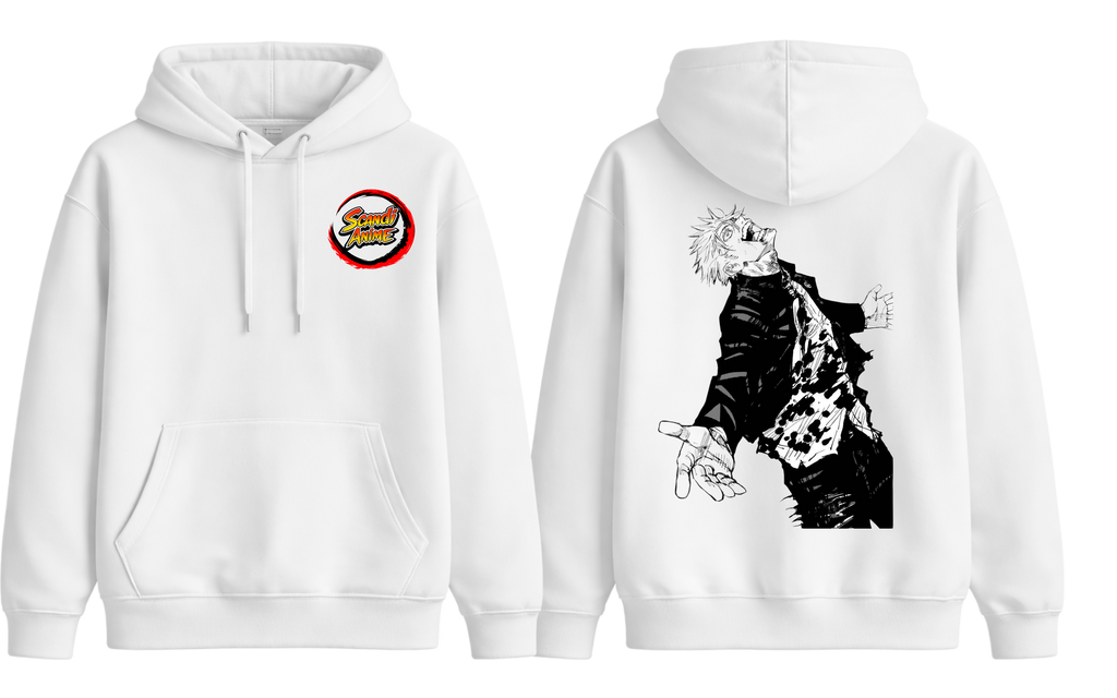 White Gojo hoodie by ScandiAnime, featuring a comfortable fit and stylish design, perfect for casual wear.