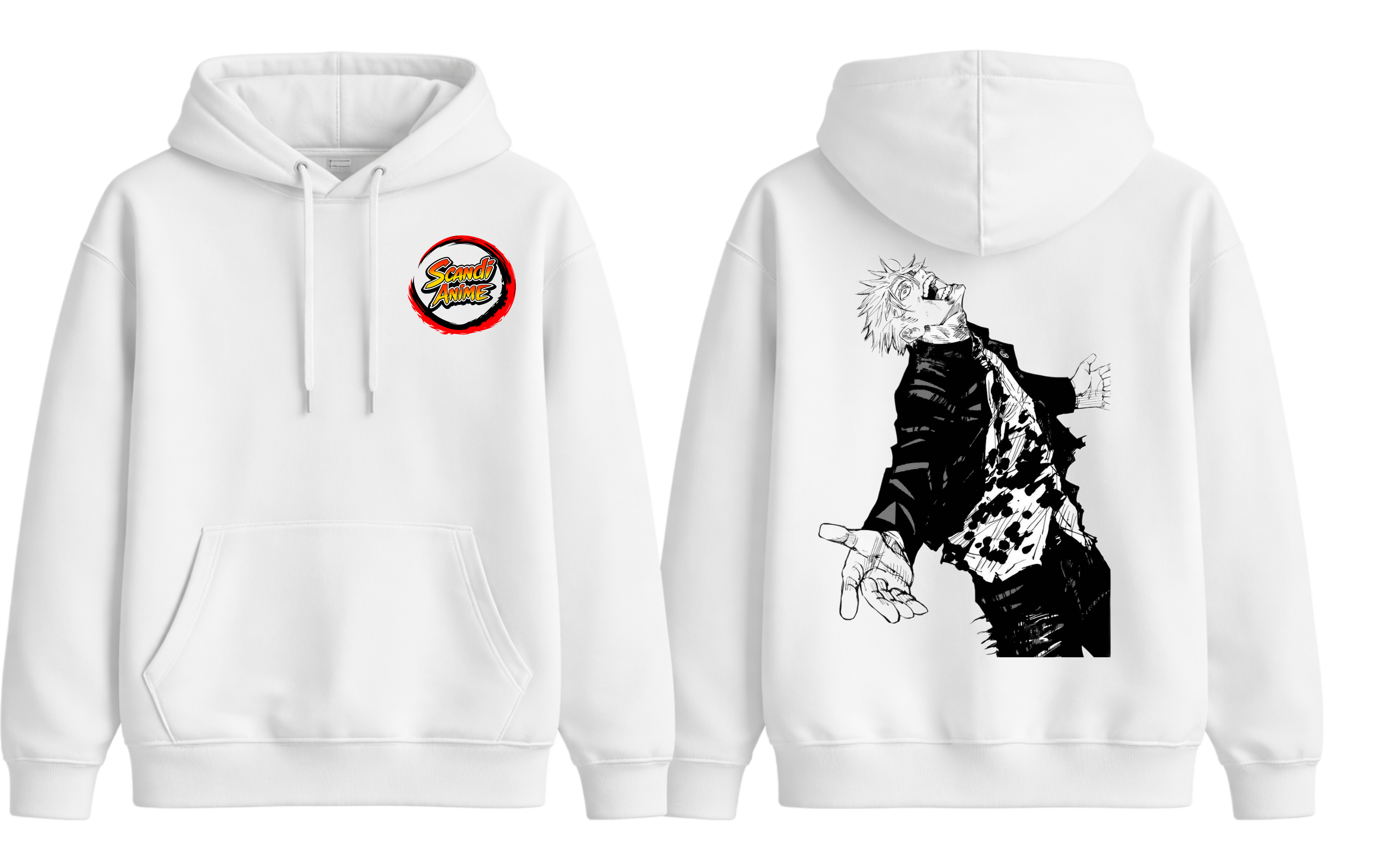 White Gojo hoodie by ScandiAnime, featuring a comfortable fit and stylish design, perfect for casual wear.