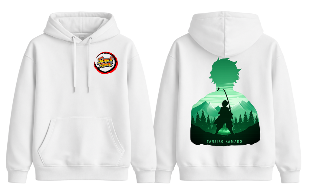 White Tanjiro hoodie from ScandiAnime featuring character artwork and comfortable hooded design.