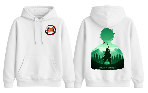 White Tanjiro hoodie from ScandiAnime featuring character artwork and comfortable hooded design.